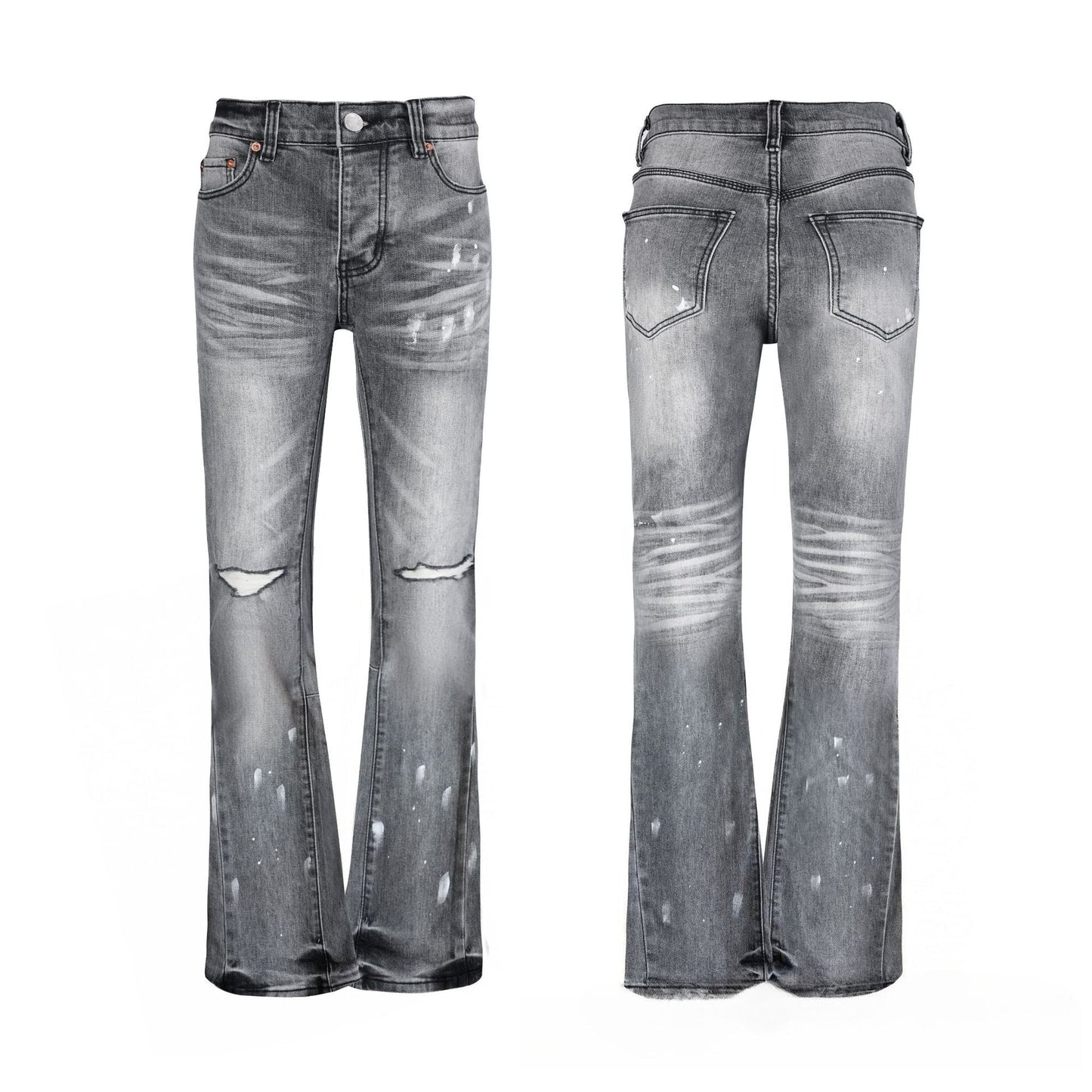 Men's Grey Flare Jeans - Artistic Bleached Fade Denim with White Paint Splatter Detail