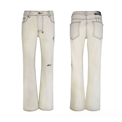 Men's Classic Off-White Bootcut Jeans - Vintage Flared Denim with Stretch & Slim Waist Fit