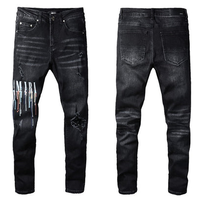 Jeans 830 Fashion Street Pintura en aerosol Alfabeto colorido Jeans negros 