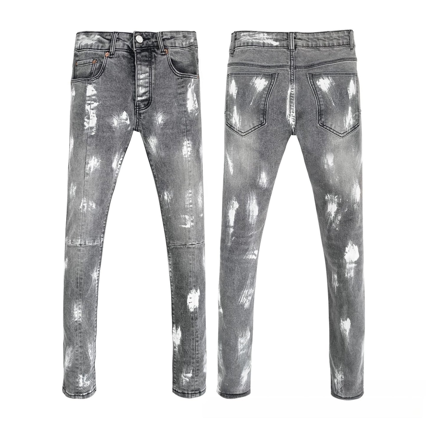 Men's Grey Denim - Artistic Paint Splatter & Heavy Bleach Faded Texture