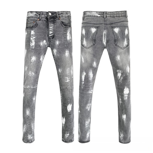 Men's Grey Denim - Artistic Paint Splatter & Heavy Bleach Faded Texture