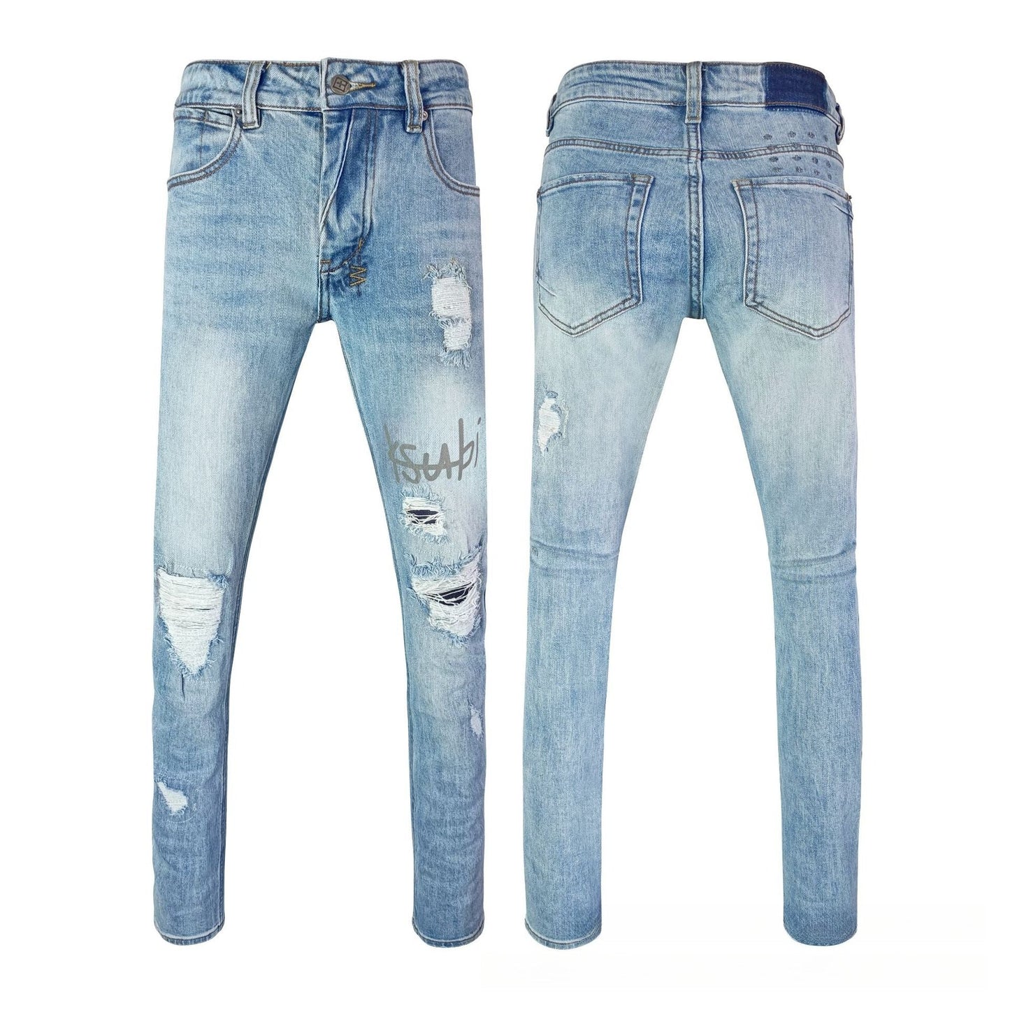 Men's Light Blue Distressed Ripped Skinny Jeans with Knee Holes and Ksubi Style Embroidery Streetwear