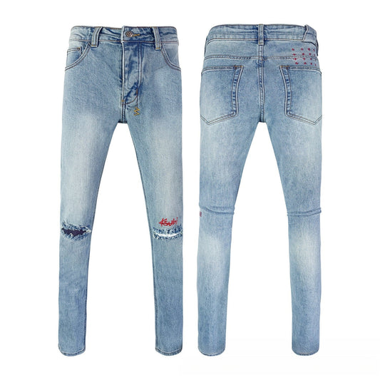 Premium Ripped Skinny Jeans for Men - Trendy Multi-color Embroidery Detail, Faded Finish & Light Blue Wash