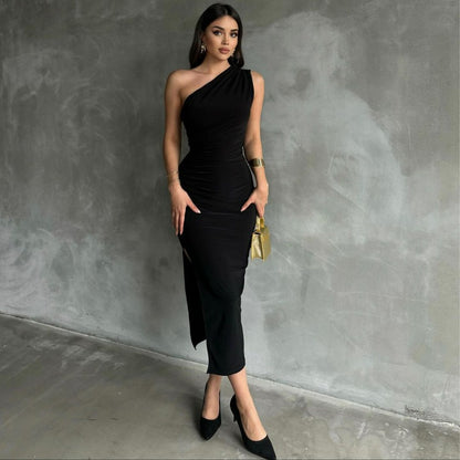 New One-Shoulder Solid Color Slit Sleeveless Sexy Slim-Fit Dress D1993369