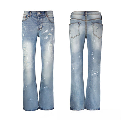 Men's Blue Flare Jeans - Artistic White Paint Splatter Denim with Vintage Snow Wash