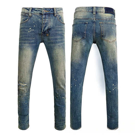Light Blue Distressed Skinny Jeans Men - Ripped Knee, Paint Splatter, Washed Denim Streetwear Pants