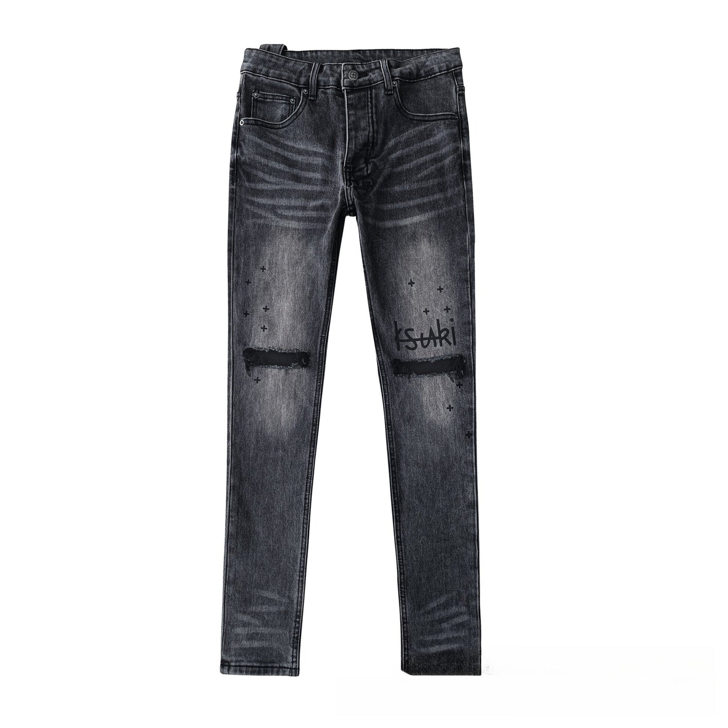 Men's Distressed Charcoal Black Skinny Jeans - Unique Knee Rip & Aged Wash Fringed Finish