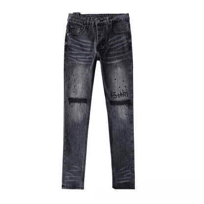 Men's Distressed Charcoal Black Skinny Jeans - Unique Knee Rip & Aged Wash Fringed Finish