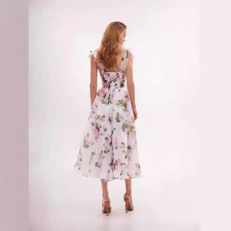 Nuevo vestido midi etéreo de organza con hombros descubiertos de moda europea y americana de primavera/verano 2024 con atractivo de vestido de noche elegante