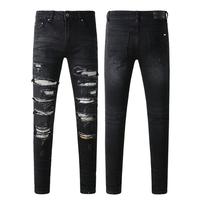 Pantalones vaqueros rasgados con parches de estilo europeo y americano para hombre, elásticos y ajustados, de High Street Tide, n.° (891-8833)