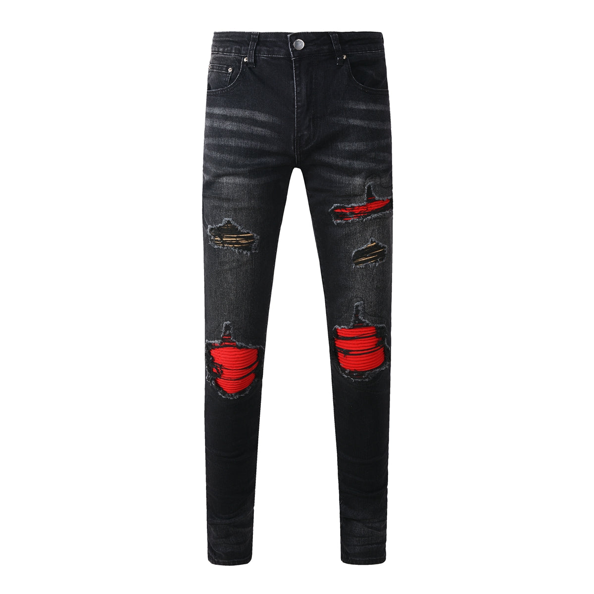Pantalones vaqueros rasgados con parches de tendencia urbana europea y americana Pantalones vaqueros ajustados de moda urbana para hombres 886 