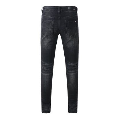 Pantalones vaqueros rasgados con parches de tendencia urbana europea y americana Pantalones vaqueros ajustados de moda urbana para hombres 886 