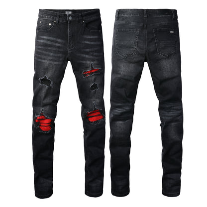 Pantalones vaqueros rasgados con parches de tendencia urbana europea y americana Pantalones vaqueros ajustados de moda urbana para hombres 886 