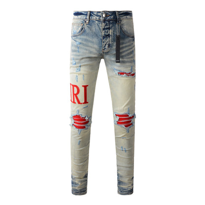Trendy Men’s Ripped Slim Jeans with Red Letter Embroidery 8886