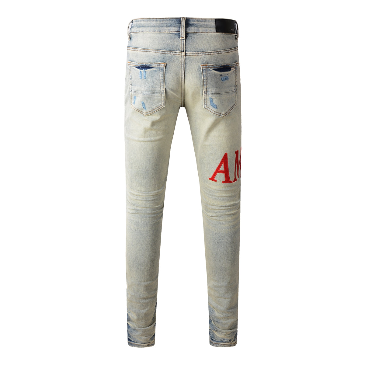 Trendy Men’s Ripped Slim Jeans with Red Letter Embroidery 8886