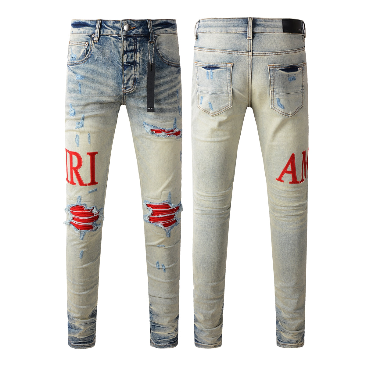 Trendy Men’s Ripped Slim Jeans with Red Letter Embroidery 8886