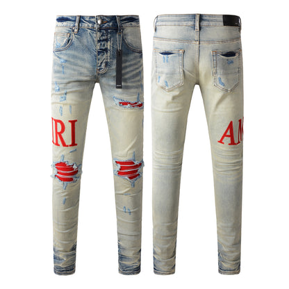Trendy Men’s Ripped Slim Jeans with Red Letter Embroidery 8886