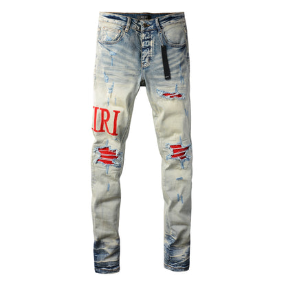 Trendy Men’s Ripped Slim Jeans with Red Letter Embroidery 8886