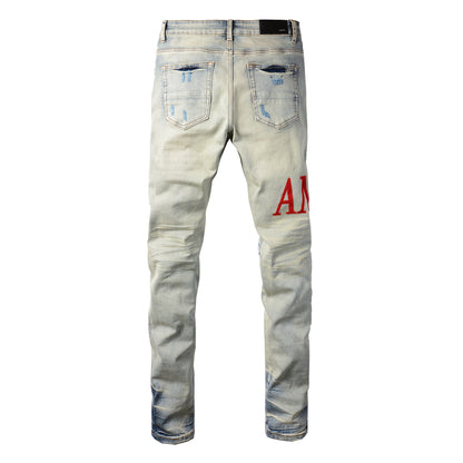 Trendy Men’s Ripped Slim Jeans with Red Letter Embroidery 8886