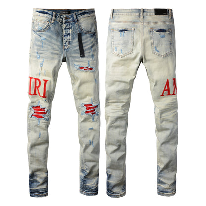 Trendy Men’s Ripped Slim Jeans with Red Letter Embroidery 8886