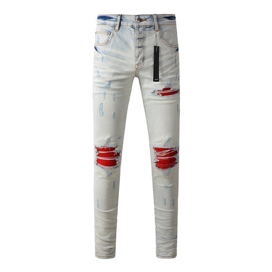 Men’s Light Grey Blue Ripped Jeans with Red Patch Design 8887