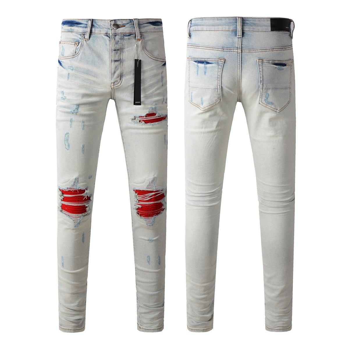 Men’s Light Grey Blue Ripped Jeans with Red Patch Design 8887