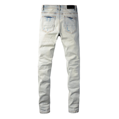 Men’s Light Grey Blue Ripped Jeans with Red Patch Design 8887