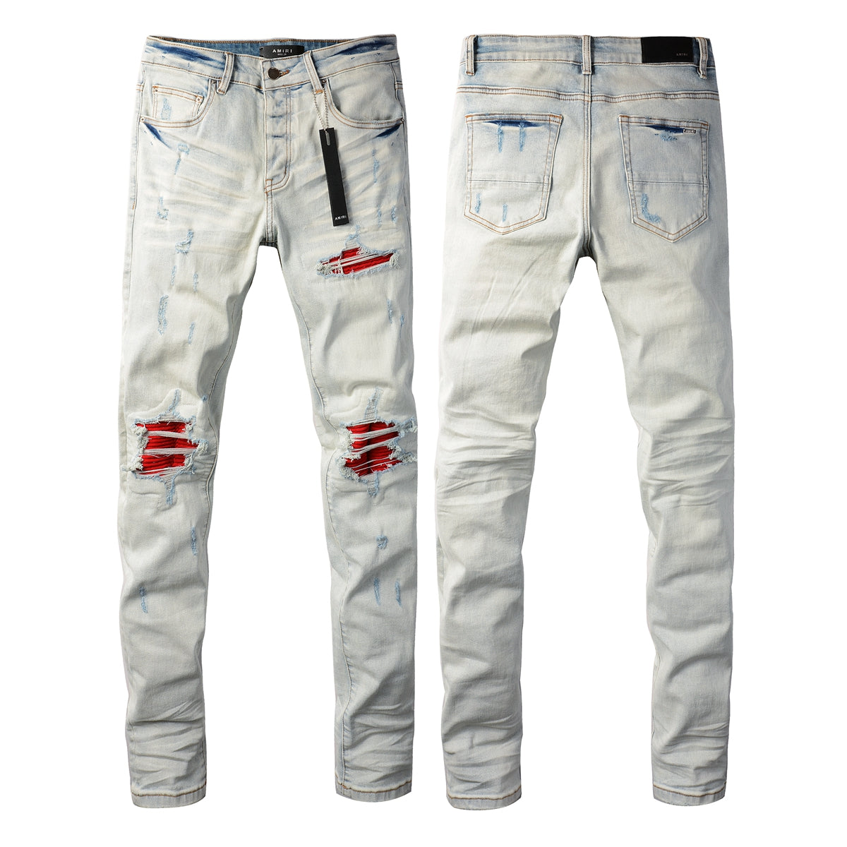 Men’s Light Grey Blue Ripped Jeans with Red Patch Design 8887