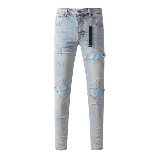 Men’s Distressed Skinny Jeans with Light Blue Striped Patches 8890