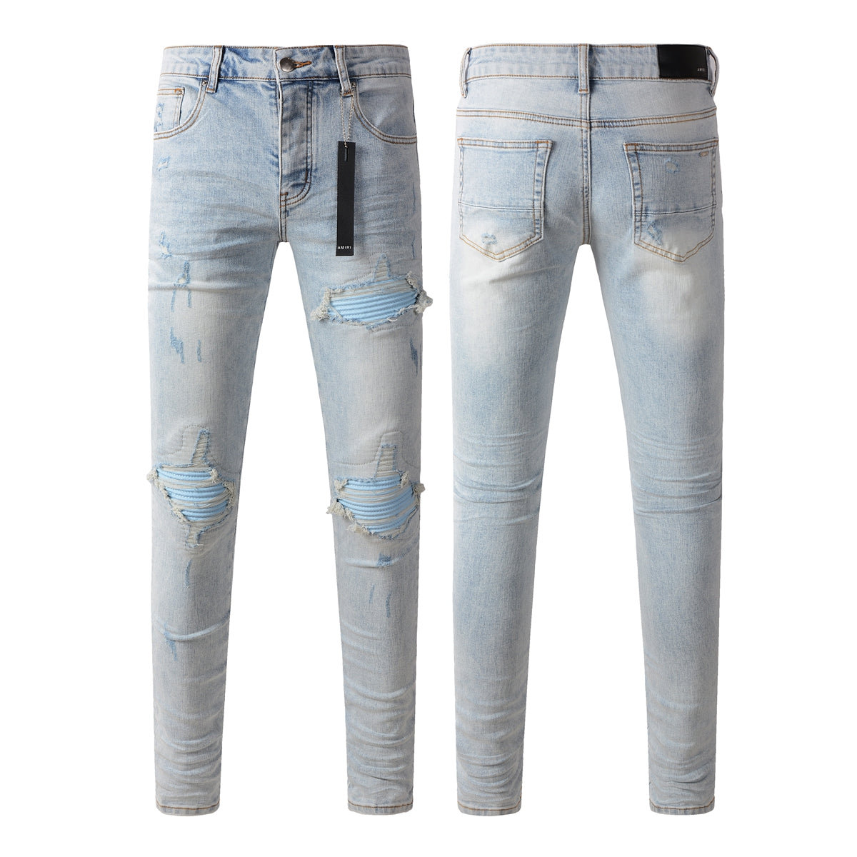 Men’s Distressed Skinny Jeans with Light Blue Striped Patches 8890