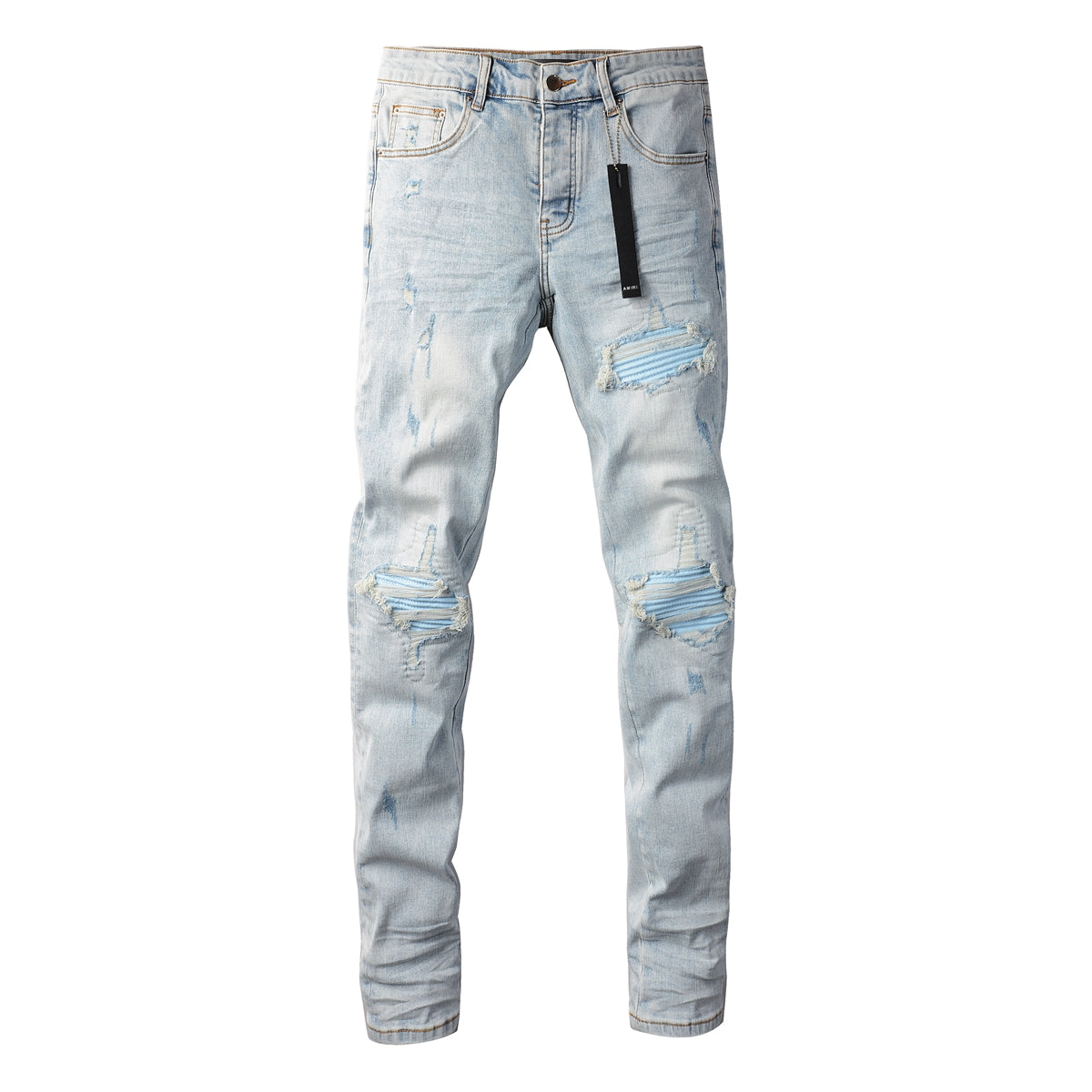 Men’s Distressed Skinny Jeans with Light Blue Striped Patches 8890