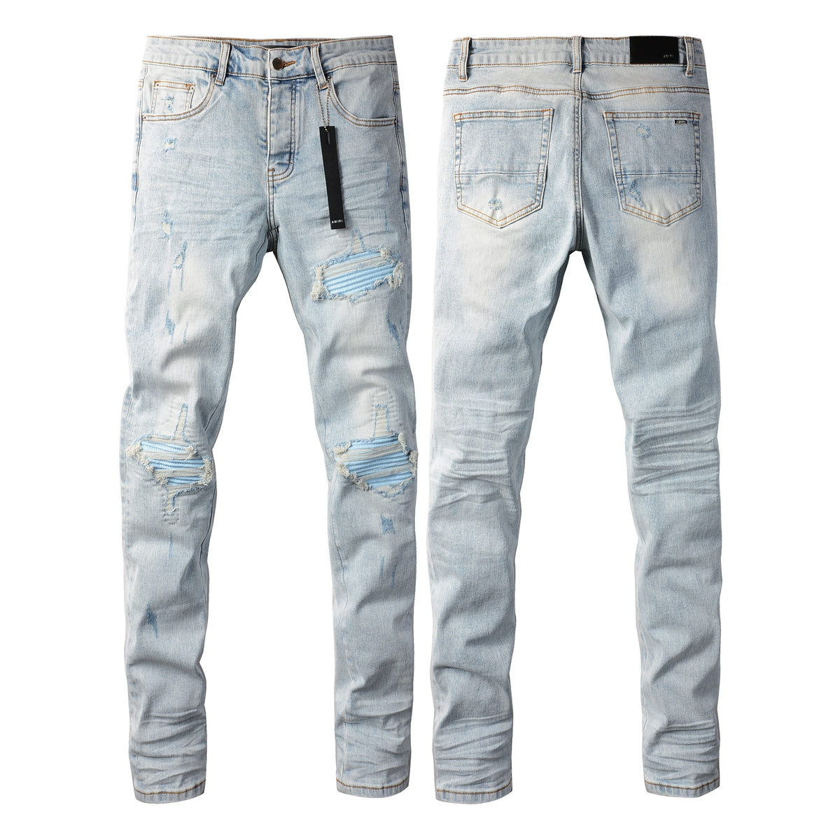 Men’s Distressed Skinny Jeans with Light Blue Striped Patches 8890