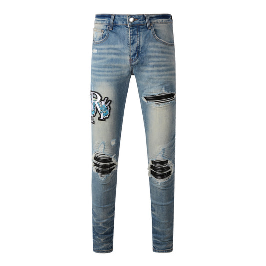 Men’s Light Blue Ripped Skinny Jeans with Embroidered Patch and Contrast Stripe Layering 8897