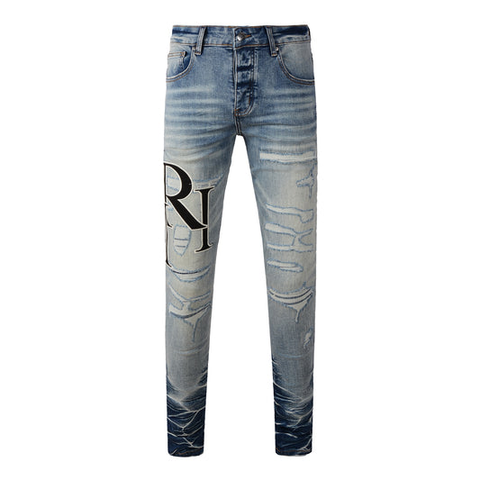Men’s Light Blue Skinny Jeans with Heavy Distressing and Gradient Washed Hem Design 8898