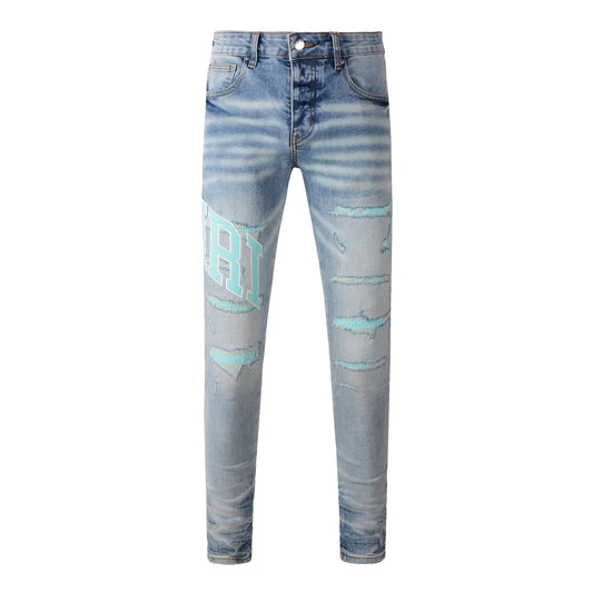 Men’s Mid Blue Skinny Jeans with Aqua Letter Print and Whisker Wash Distressing 8901