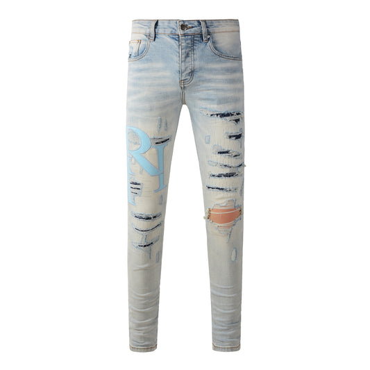 Men’s Light Blue Skinny Jeans with Sky Blue Letter Print and Heavy Distressing 8902