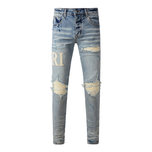 Men’s Mid Blue Skinny Jeans with Cream Letter Patch and Knee Rip Distressing 8905