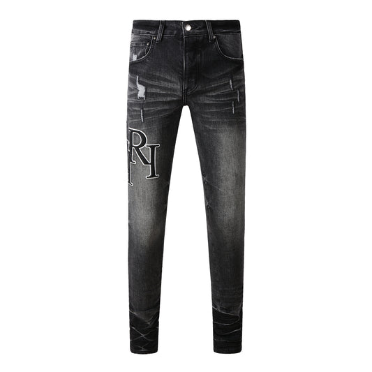 Men’s Washed Black Skinny Jeans with White Letter Print and Subtle Distressing 8908