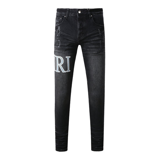 Men’s Black Skinny Jeans with Large White Letter Embroidery and Light Distressing 8909
