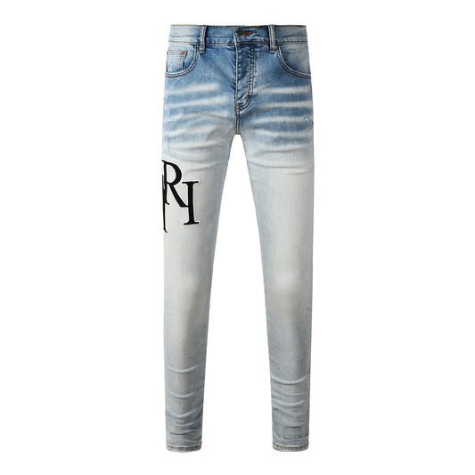 Men’s Light Wash Skinny Jeans with Black Letter Embroidery and Vintage Fade 8910