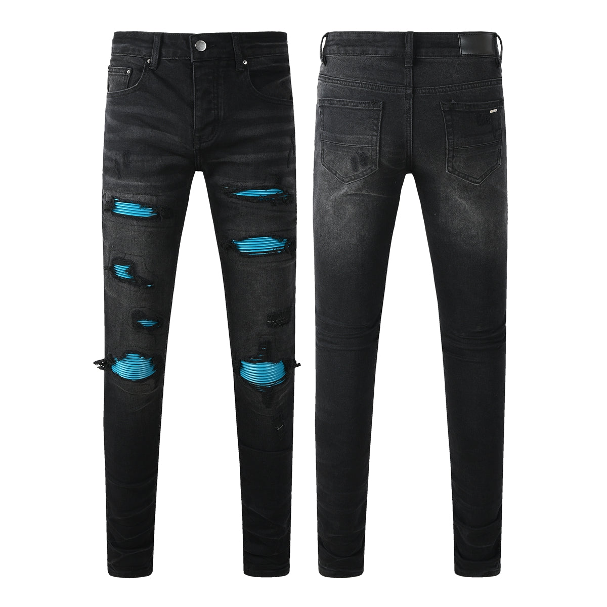 Men’s Black Distressed Skinny Jeans with Blue Ribbed Patchwork – 8912