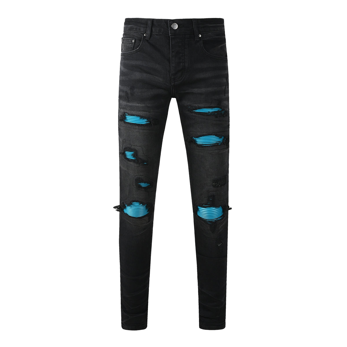 Men’s Black Distressed Skinny Jeans with Blue Ribbed Patchwork – 8912