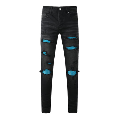 Men’s Black Distressed Skinny Jeans with Blue Ribbed Patchwork – 8912