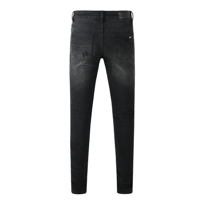 Men’s Black Distressed Skinny Jeans with Blue Ribbed Patchwork – 8912