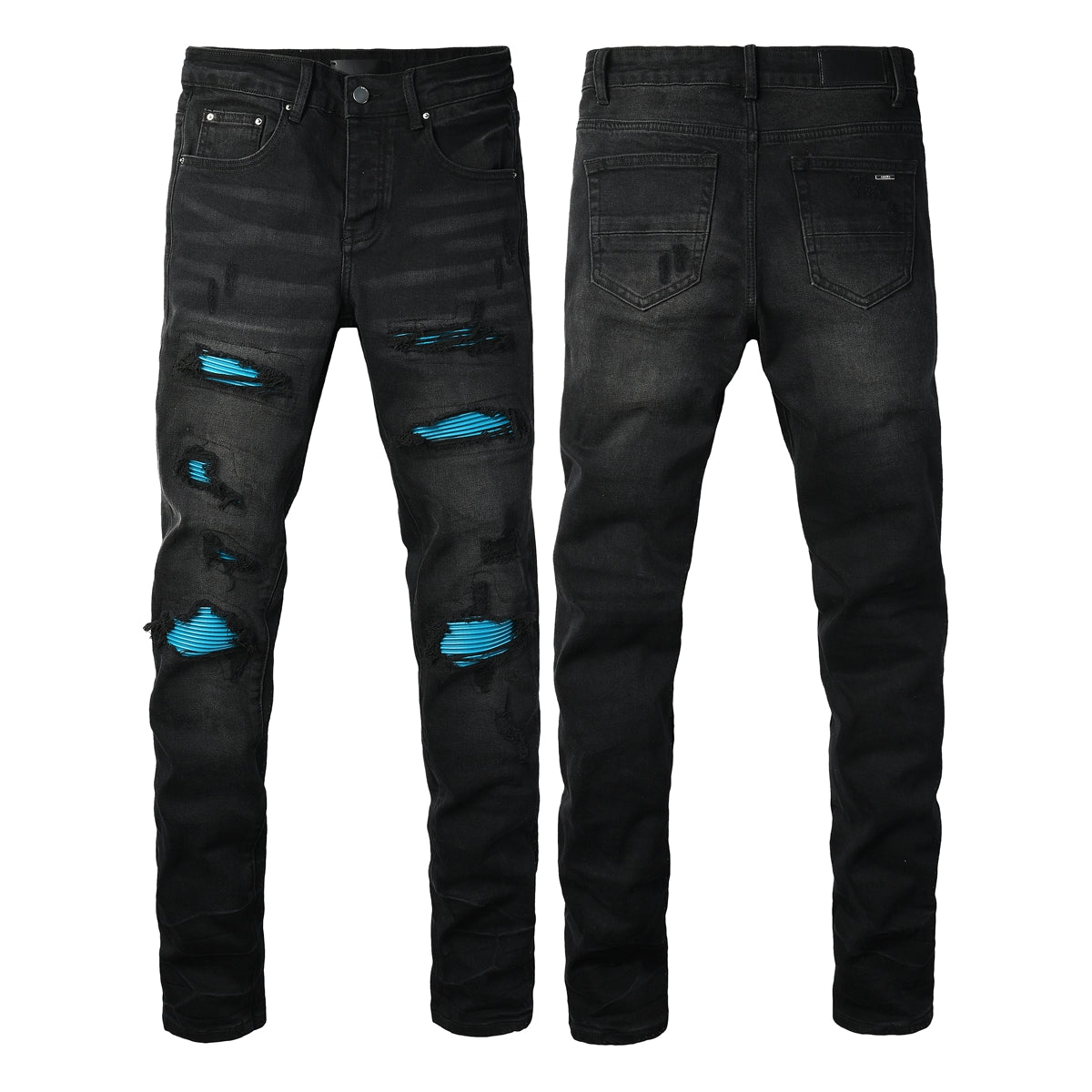 Men’s Black Distressed Skinny Jeans with Blue Ribbed Patchwork – 8912