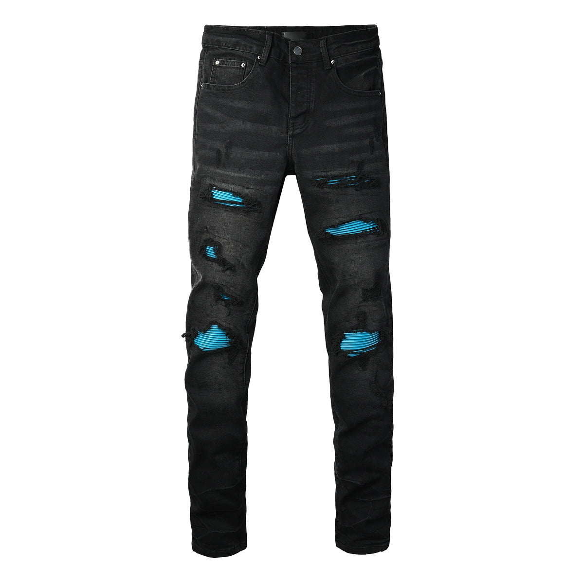 Men’s Black Distressed Skinny Jeans with Blue Ribbed Patchwork – 8912