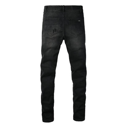 Men’s Black Distressed Skinny Jeans with Blue Ribbed Patchwork – 8912