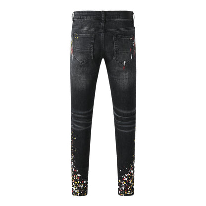 Vaqueros pitillo negros de estilo urbano para hombre con estampado de salpicaduras y efecto lavado – 8913 