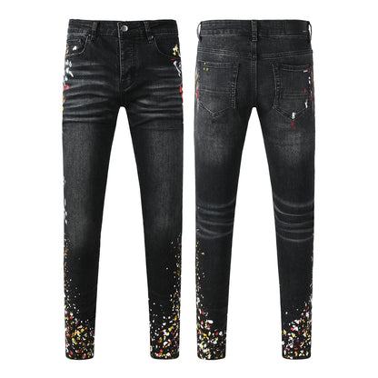 Vaqueros pitillo negros de estilo urbano para hombre con estampado de salpicaduras y efecto lavado – 8913 