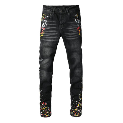Vaqueros pitillo negros de estilo urbano para hombre con estampado de salpicaduras y efecto lavado – 8913 